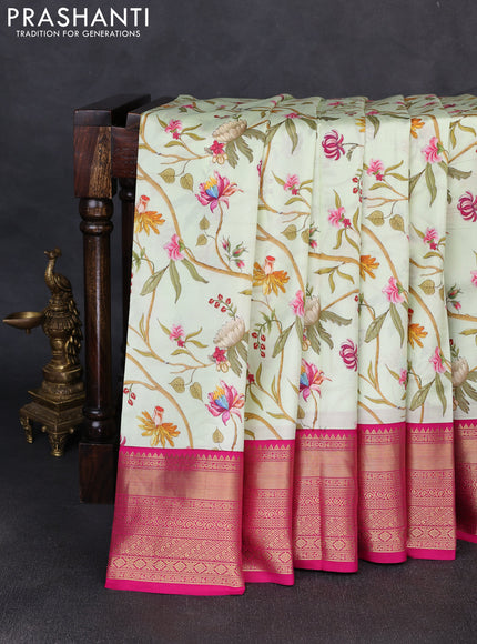 Pure kanchipuram silk saree pista green and pink with allover floral digital prints and rich zari woven border