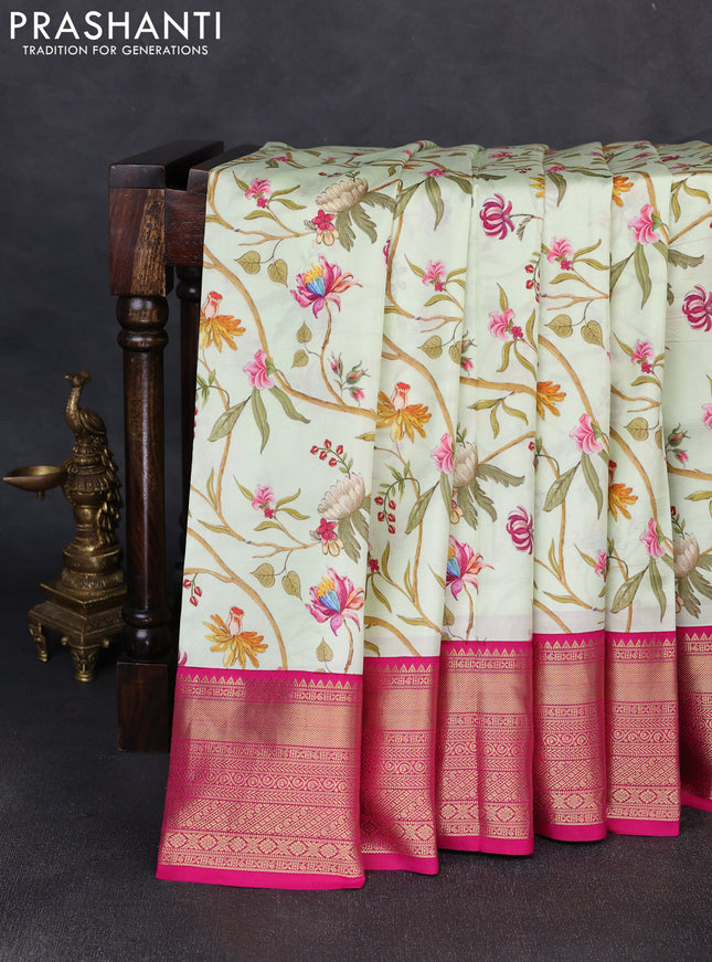 Pure kanchipuram silk saree pista green and pink with allover floral digital prints and rich zari woven border