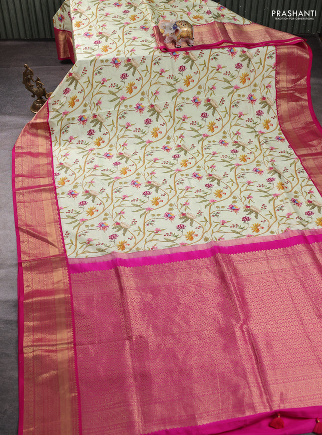 Pure kanchipuram silk saree pista green and pink with allover floral digital prints and rich zari woven border
