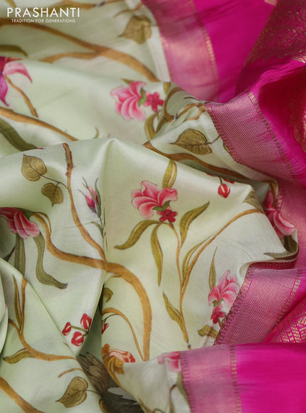 Pure kanchipuram silk saree pista green and pink with allover floral digital prints and rich zari woven border