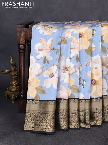 Pure kanchipuram silk saree bluish grey and black with allover floral digital prints and rich zari woven border
