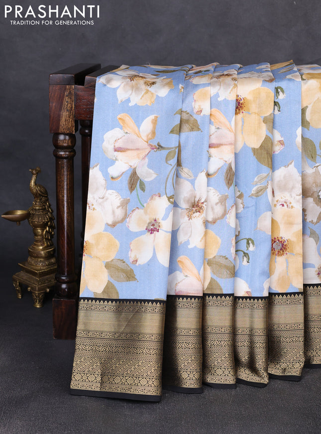 Pure kanchipuram silk saree bluish grey and black with allover floral digital prints and rich zari woven border