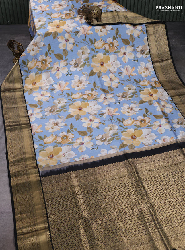 Pure kanchipuram silk saree bluish grey and black with allover floral digital prints and rich zari woven border