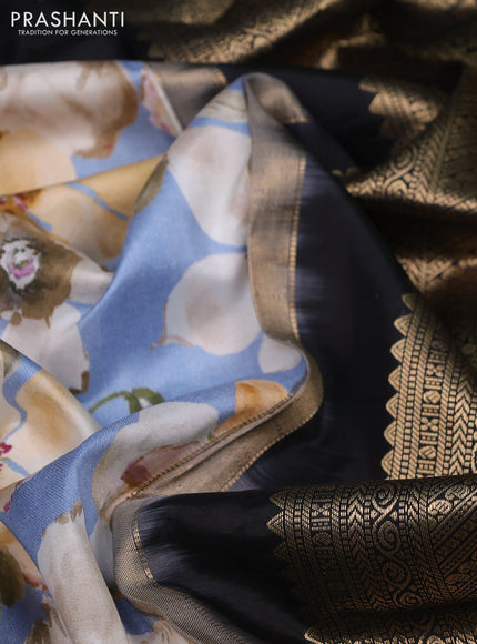 Pure kanchipuram silk saree bluish grey and black with allover floral digital prints and rich zari woven border