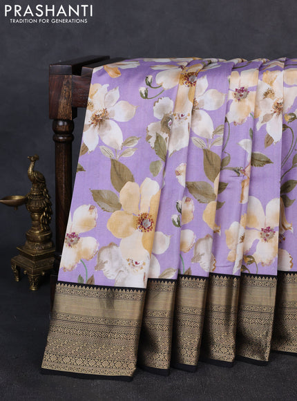 Pure kanchipuram silk saree lavender and black with allover floral digital prints and rich zari woven border