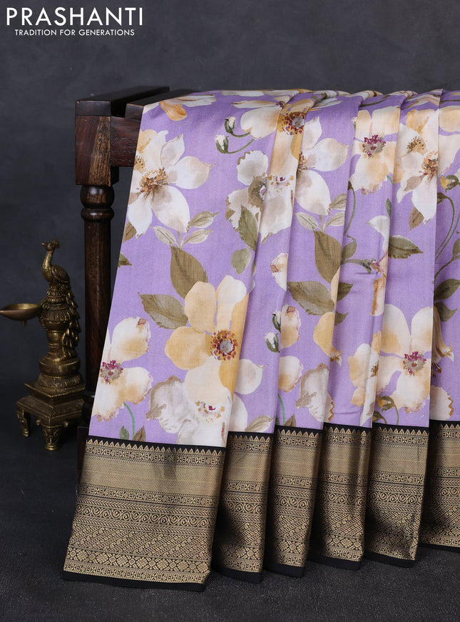 Pure kanchipuram silk saree lavender and black with allover floral digital prints and rich zari woven border