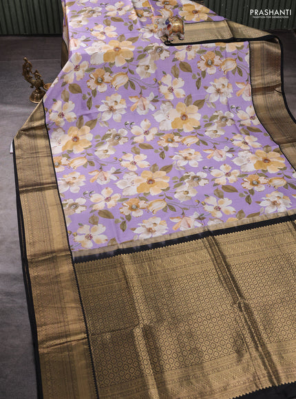 Pure kanchipuram silk saree lavender and black with allover floral digital prints and rich zari woven border