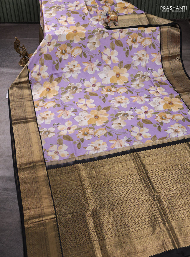Pure kanchipuram silk saree lavender and black with allover floral digital prints and rich zari woven border