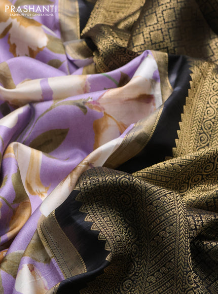 Pure kanchipuram silk saree lavender and black with allover floral digital prints and rich zari woven border