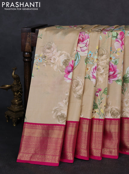 Pure kanchipuram silk saree sandal and pink with allover floral digital prints and rich zari woven border