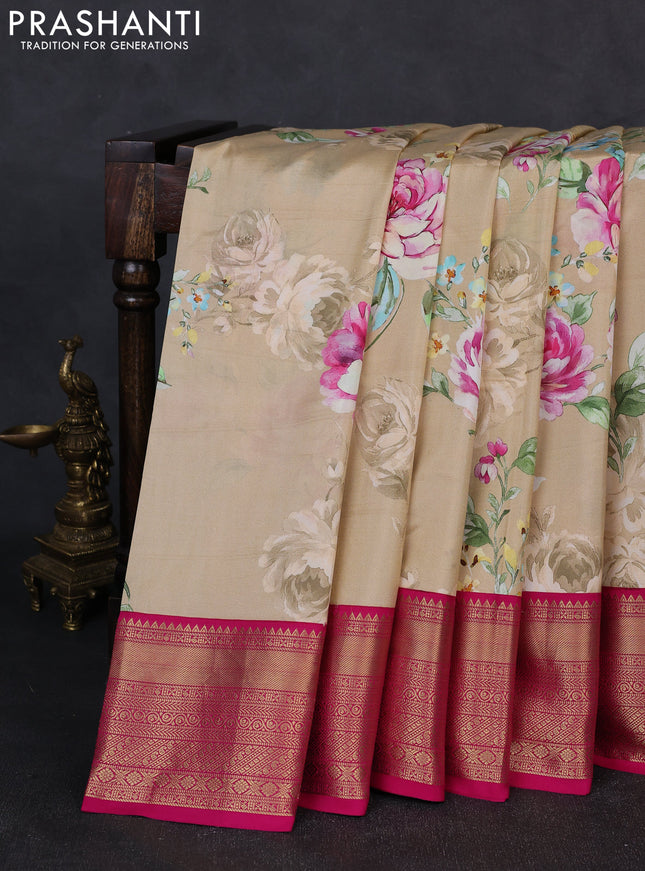 Pure kanchipuram silk saree sandal and pink with allover floral digital prints and rich zari woven border