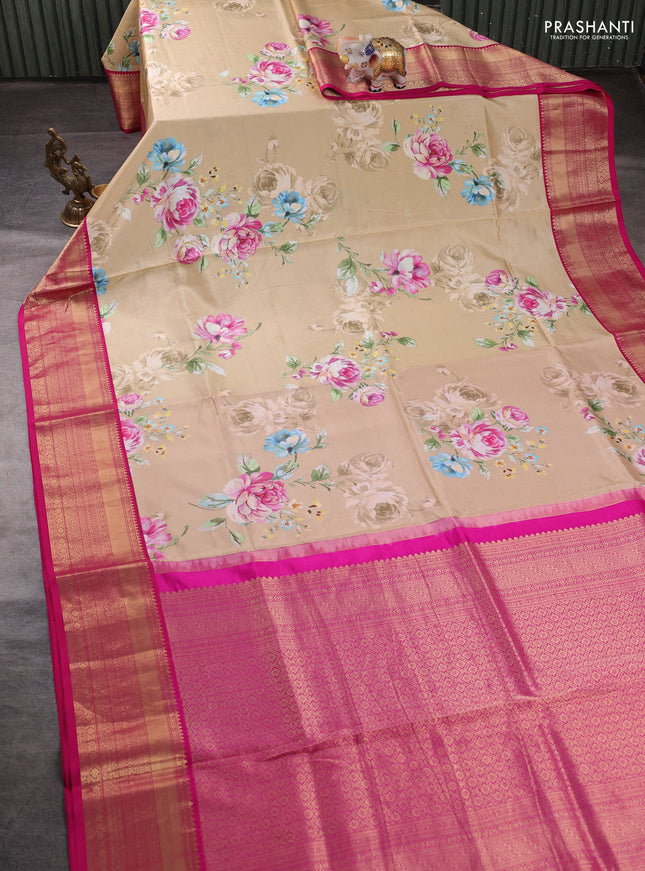 Pure kanchipuram silk saree sandal and pink with allover floral digital prints and rich zari woven border