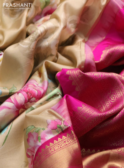 Pure kanchipuram silk saree sandal and pink with allover floral digital prints and rich zari woven border