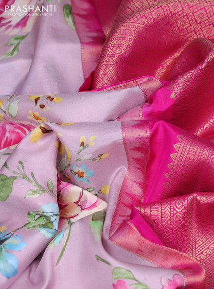 Pure kanchipuram silk saree pastel pink and pink with allover floral digital prints and rich zari woven border
