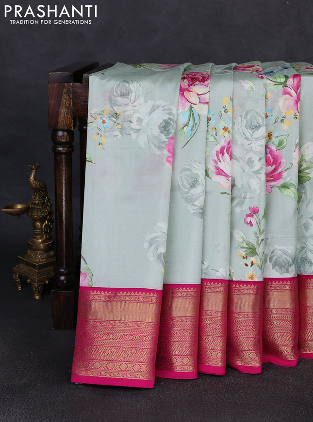 Pure kanchipuram silk saree pastel green and pink with allover floral digital prints and rich zari woven border