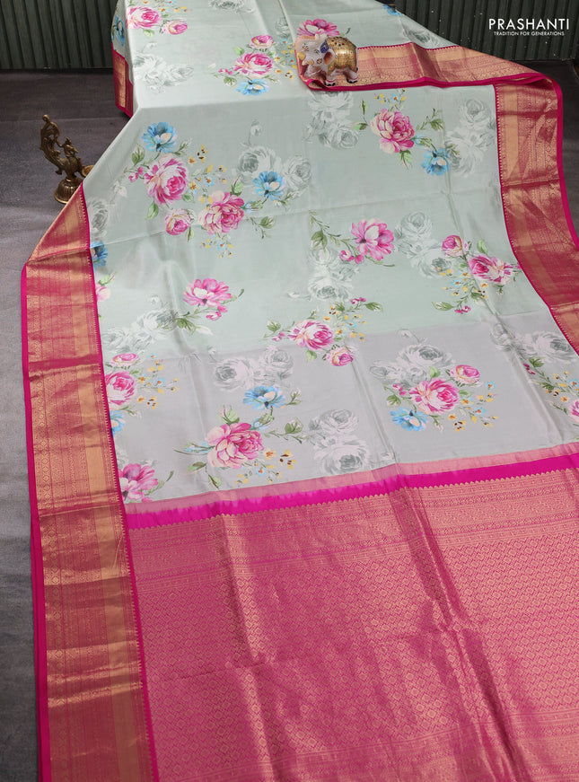 Pure kanchipuram silk saree pastel green and pink with allover floral digital prints and rich zari woven border