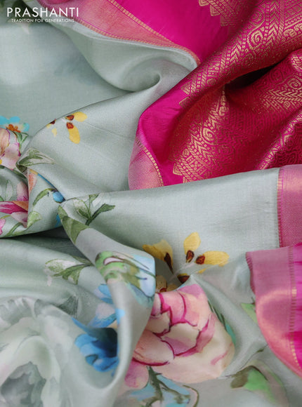 Pure kanchipuram silk saree pastel green and pink with allover floral digital prints and rich zari woven border