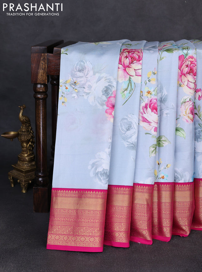 Pure kanchipuram silk saree pastel blue shade and pink with allover floral digital prints and rich zari woven border