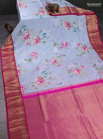 Pure kanchipuram silk saree pastel blue shade and pink with allover floral digital prints and rich zari woven border