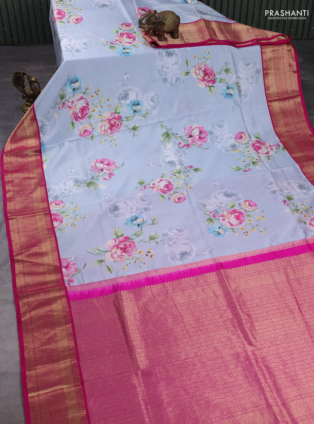 Pure kanchipuram silk saree pastel blue shade and pink with allover floral digital prints and rich zari woven border