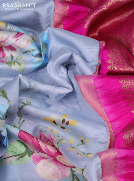 Pure kanchipuram silk saree pastel blue shade and pink with allover floral digital prints and rich zari woven border