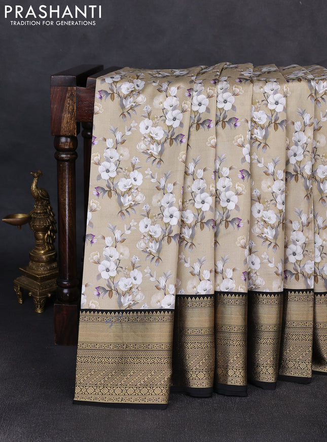 Pure kanchipuram silk saree beige and black with allover floral digital prints and rich zari woven border