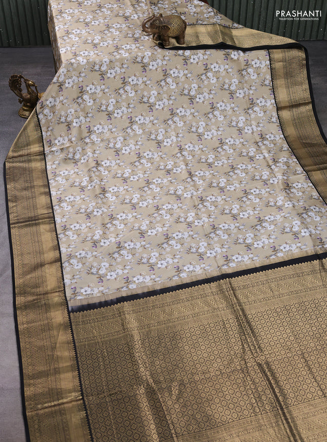 Pure kanchipuram silk saree beige and black with allover floral digital prints and rich zari woven border