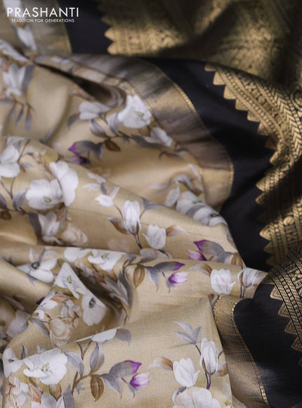 Pure kanchipuram silk saree beige and black with allover floral digital prints and rich zari woven border