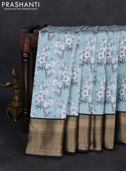 Pure kanchipuram silk saree teal blue shade and black with allover floral digital prints and rich zari woven border