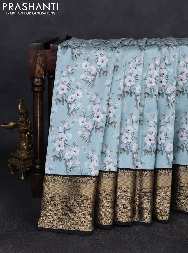 Pure kanchipuram silk saree teal blue shade and black with allover floral digital prints and rich zari woven border