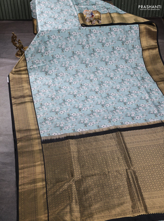 Pure kanchipuram silk saree teal blue shade and black with allover floral digital prints and rich zari woven border
