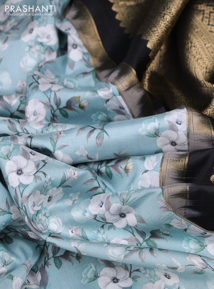 Pure kanchipuram silk saree teal blue shade and black with allover floral digital prints and rich zari woven border