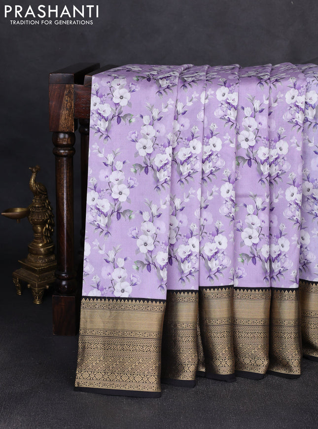 Pure kanchipuram silk saree lavender and black with allover floral digital prints and rich zari woven border