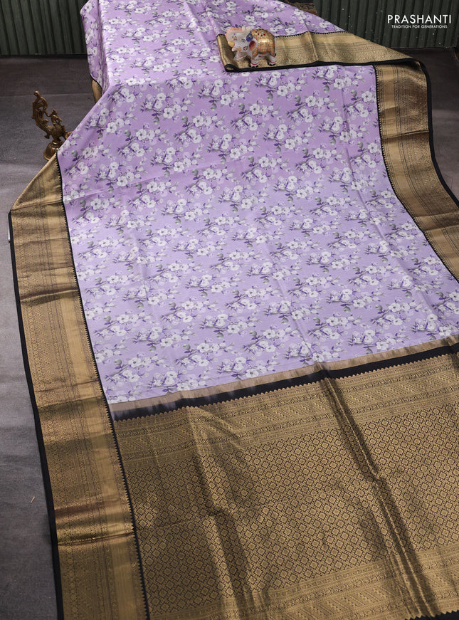 Pure kanchipuram silk saree lavender and black with allover floral digital prints and rich zari woven border