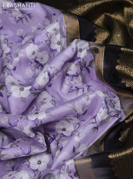 Pure kanchipuram silk saree lavender and black with allover floral digital prints and rich zari woven border