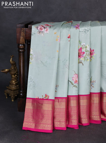 Pure kanchipuram silk saree pastel green and pink with allover floral digital prints and rich zari woven border
