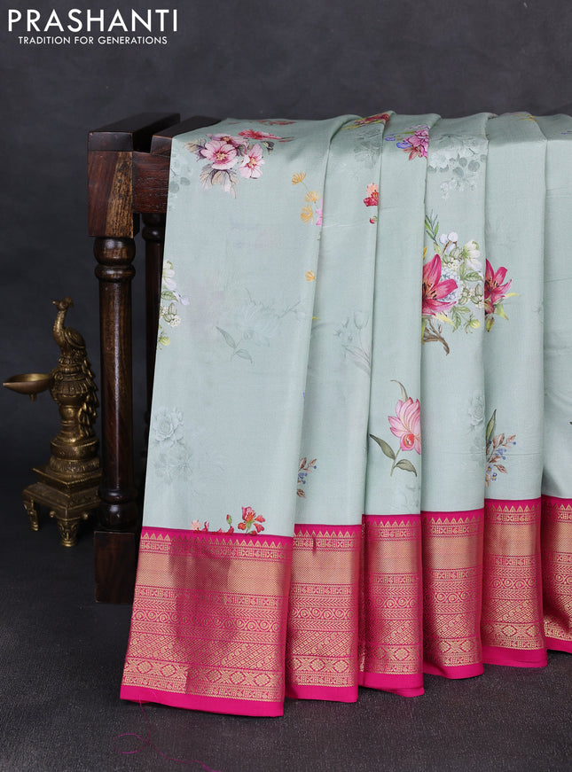 Pure kanchipuram silk saree pastel green and pink with allover floral digital prints and rich zari woven border