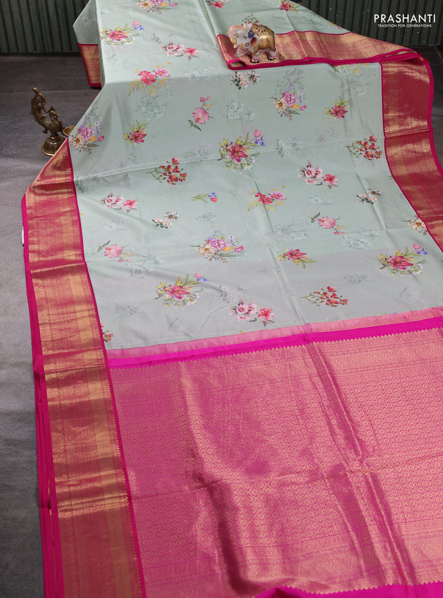 Pure kanchipuram silk saree pastel green and pink with allover floral digital prints and rich zari woven border