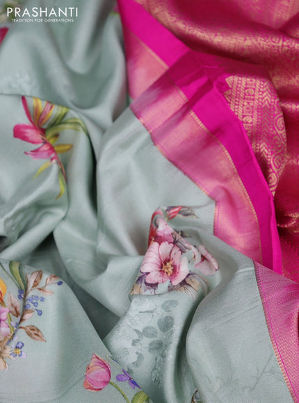 Pure kanchipuram silk saree pastel green and pink with allover floral digital prints and rich zari woven border
