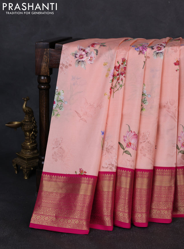 Pure kanchipuram silk saree peach shade and pink with allover floral digital prints and rich zari woven border