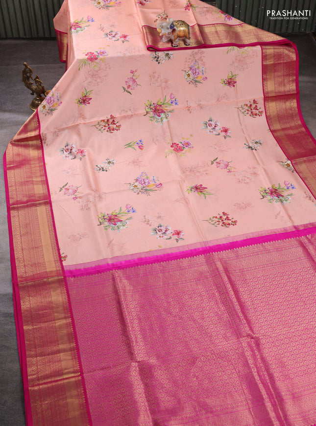 Pure kanchipuram silk saree peach shade and pink with allover floral digital prints and rich zari woven border