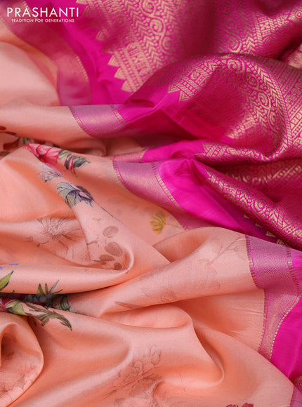 Pure kanchipuram silk saree peach shade and pink with allover floral digital prints and rich zari woven border