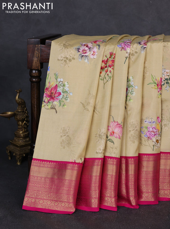 Pure kanchipuram silk saree sandal and pink with allover floral digital prints and rich zari woven border