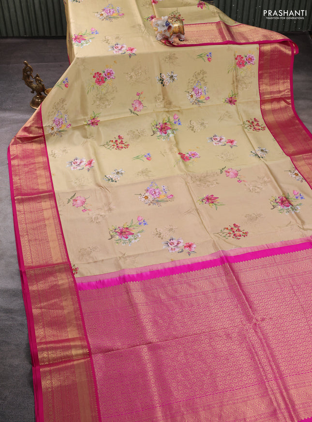 Pure kanchipuram silk saree sandal and pink with allover floral digital prints and rich zari woven border