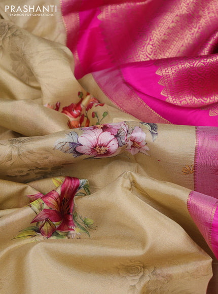 Pure kanchipuram silk saree sandal and pink with allover floral digital prints and rich zari woven border