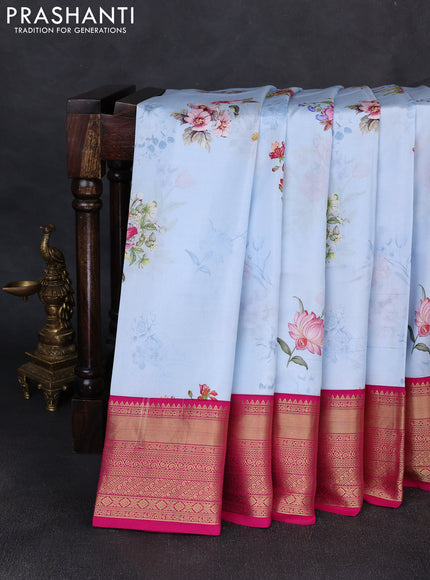 Pure kanchipuram silk saree pastel blue and pink with allover floral digital prints and rich zari woven border