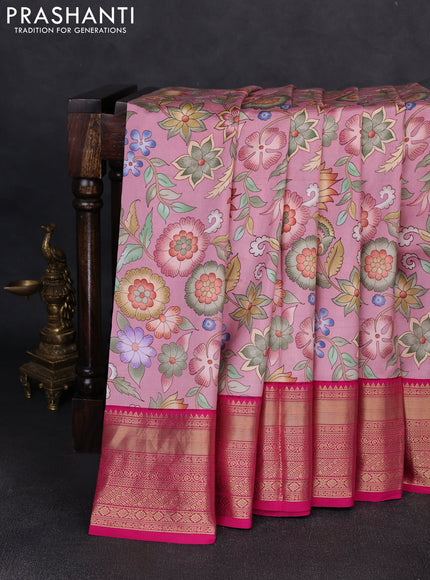 Pure kanchipuram silk saree light pink and pink with allover floral digital prints and rich zari woven border