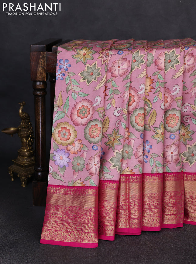 Pure kanchipuram silk saree light pink and pink with allover floral digital prints and rich zari woven border