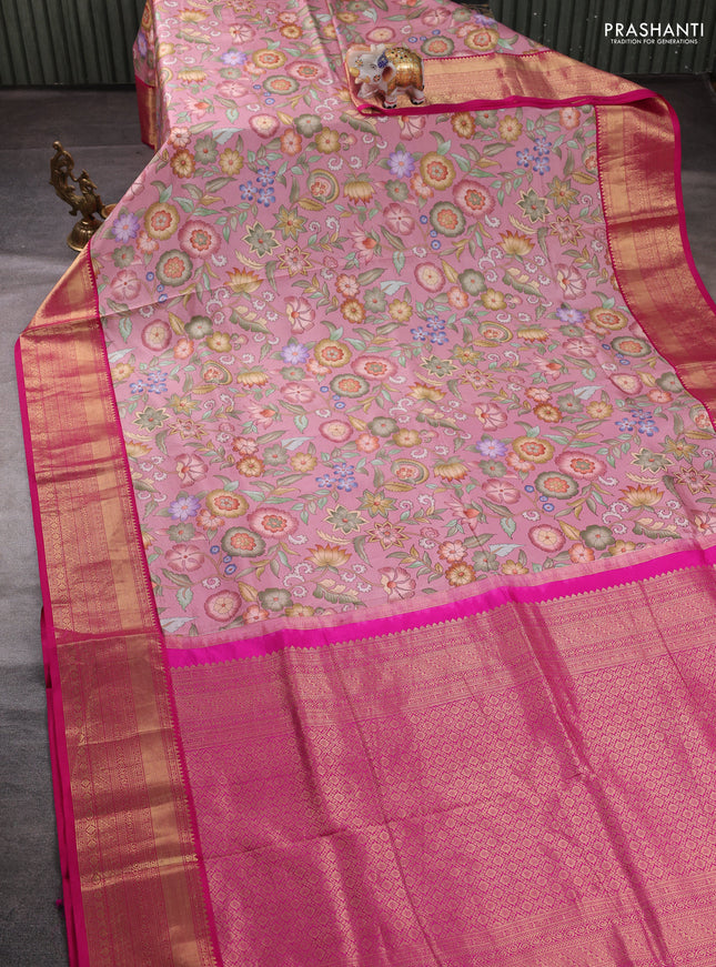 Pure kanchipuram silk saree light pink and pink with allover floral digital prints and rich zari woven border