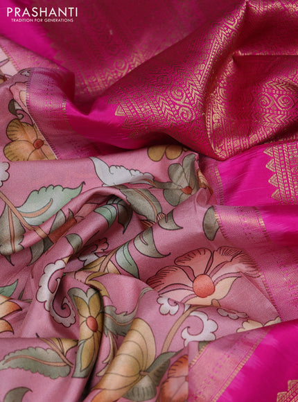Pure kanchipuram silk saree light pink and pink with allover floral digital prints and rich zari woven border